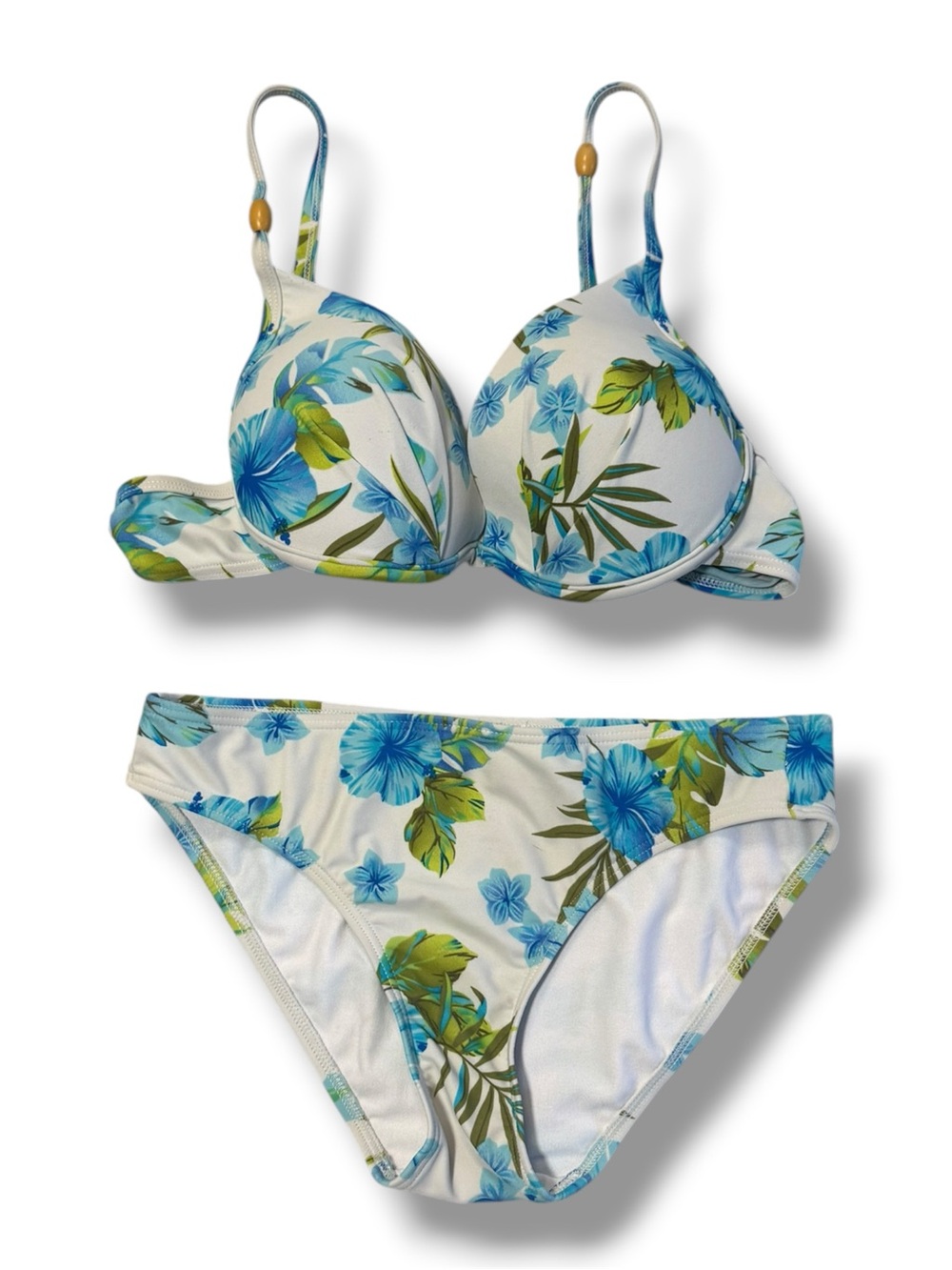 La Vie en Rose Bikini Set Blue Floral Tropical Swimsuit Top Large Bottom Small